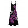 Gothic Couple Outfit Floral Skulls Pattern Spaghetti Strap A Line Long Tank Dress and Button Up Shirt Holiday Matching Outfit - Noir S | US 4