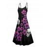 Gothic Couple Outfit Floral Skulls Pattern Spaghetti Strap A Line Long Tank Dress and Button Up Shirt Holiday Matching Outfit - Noir S | US 4