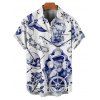 Vacation Couple Outfit Colorblock Navigation Elements Skulls Floral Pattern Crossover A Line Belt Dress and Button Up Shirt Gothic Matching Outfit - Bleu profond S | US 4