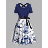 Vacation Couple Outfit Colorblock Navigation Elements Skulls Floral Pattern Crossover A Line Belt Dress and Button Up Shirt Gothic Matching Outfit - Bleu profond S | US 4