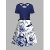 Vacation Couple Outfit Colorblock Navigation Elements Skulls Floral Pattern Crossover A Line Belt Dress and Button Up Shirt Gothic Matching Outfit - Bleu profond S | US 4