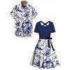 Vacation Couple Outfit Colorblock Navigation Elements Skulls Floral Pattern Crossover A Line Belt Dress and Button Up Shirt Gothic Matching Outfit - Bleu profond S | US 4