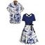 Vacation Couple Outfit Colorblock Navigation Elements Skulls Floral Pattern Crossover A Line Belt Dress and Button Up Shirt Gothic Matching Outfit - Bleu profond S | US 4