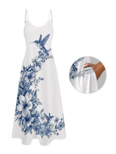 Robe de vacances à motif floral et feuilles d'oiseaux, bretelles spaghetti, coupe trapèze, longue et décontractée