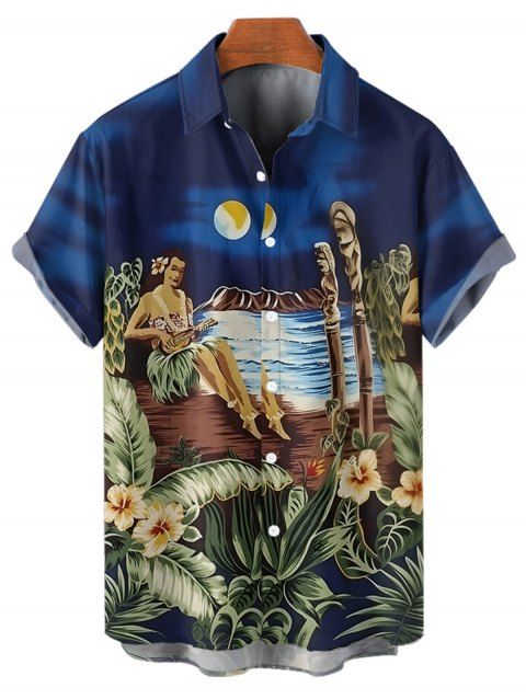 Chemise de plage à manches courtes et boutons pour homme, motif floral et feuilles, à revers