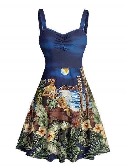 Robe de plage courte à col en cœur et motif floral et feuilles, buste froncé, coupe trapèze