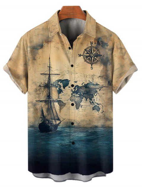 Chemise de vacances pour homme, motif ancre de bateau océanique, motif oiseau, boutonnée, retroussée, manches courtes, style vintage