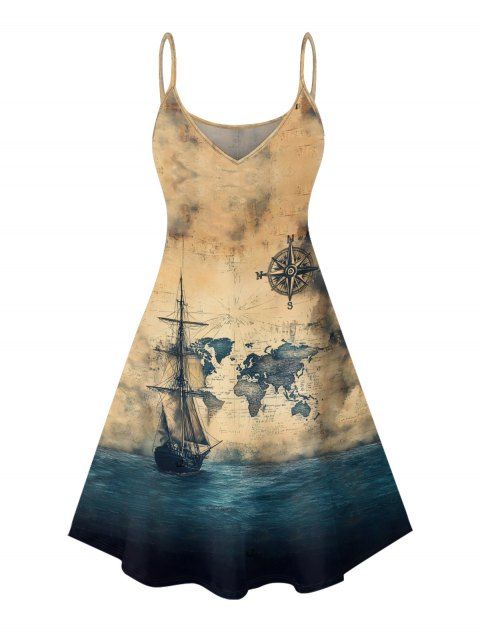 Robe de vacances à motif d'ancre de navire océanique et d'oiseau, bretelles spaghetti, col en V, coupe trapèze, mini-robe débardeur vintage