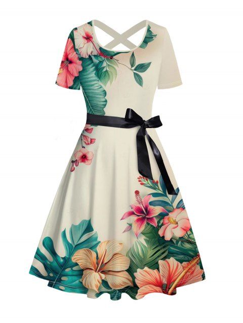 Robe de vacances à motif de fleurs et de feuilles, coupe croisée, manches courtes, col rond, coupe trapèze, décontractée