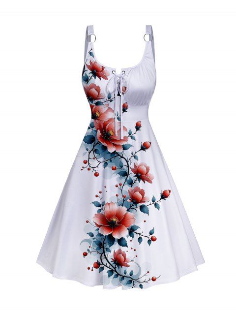 Robe de vacances à lacets et motif de feuilles fleuries, bretelles à anneau en O, taille empire, robe trapèze décontractée