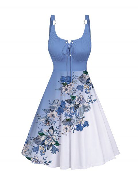 Robe de vacances à lacets et motif floral et feuilles ombré, bretelles à anneau en O, taille empire, robe trapèze décontractée