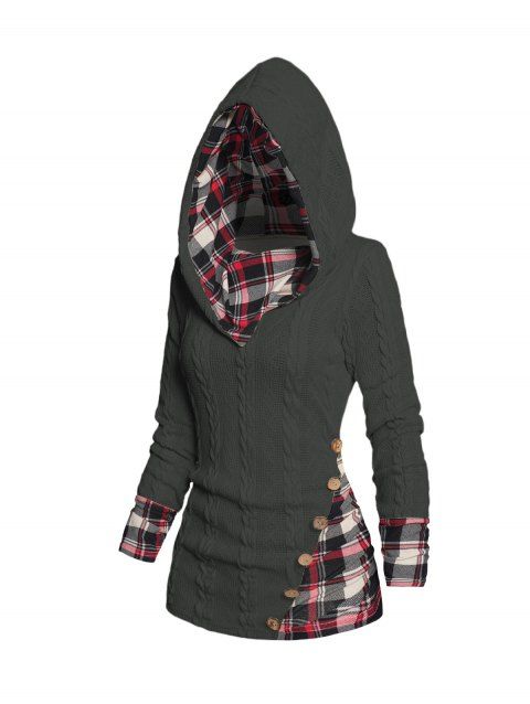 Women Twisted Cable Knit Plaid Print Hooded Sweater Mock Button Ruched Shawl Neck Sweater