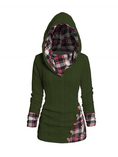 Pull à capuche à carreaux en tricot torsadé pour femme, col châle froncé à boutons factices