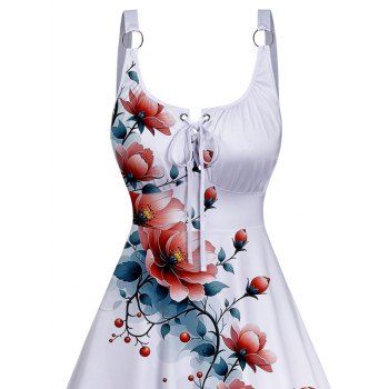 Flower Leaf Pattern Lace Up Vacation Dress O-ring Strap Empire Waist A Line Casual Dress