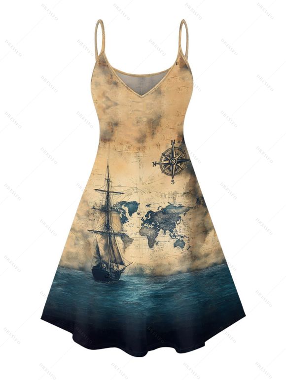 Robe de vacances à motif d'ancre de navire océanique et d'oiseau, bretelles spaghetti, col en V, coupe trapèze, mini-robe débardeur vintage - café lumière S | US 4