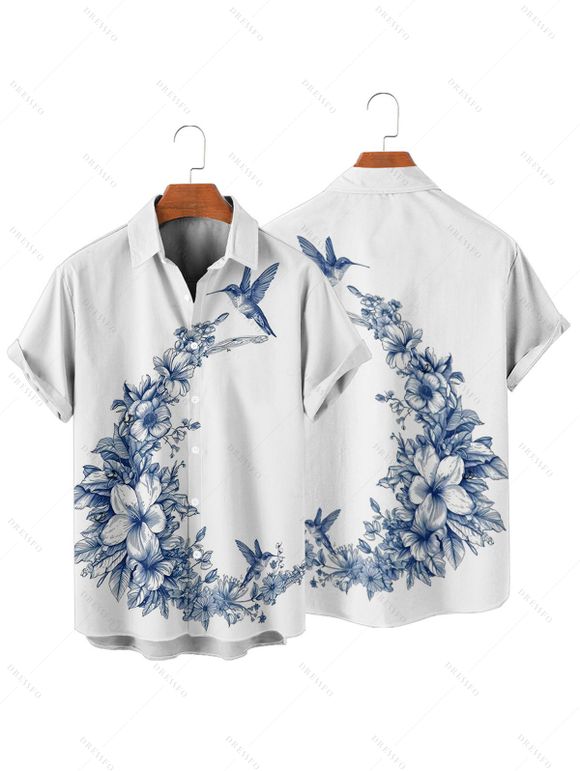 Chemise de vacances à manches courtes et boutons pour homme, motif floral et feuilles, décontractée - Blanc 4XL