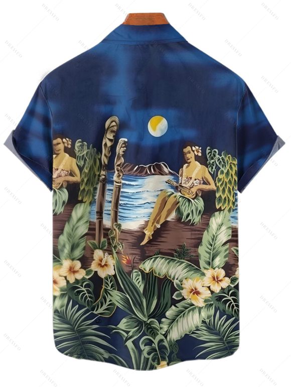 Chemise de plage à manches courtes et boutons pour homme, motif floral et feuilles, idéale pour les vacances - Bleu profond 4XL