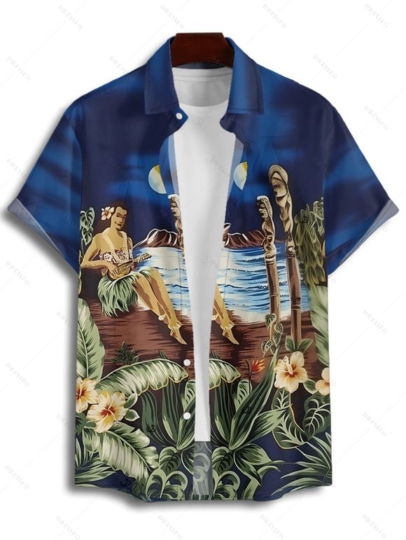 Chemise de plage à manches courtes et boutons pour homme, motif floral et feuilles, idéale pour les vacances - Bleu profond 4XL