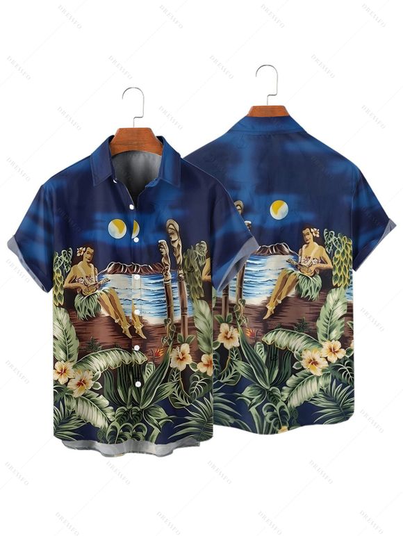 Chemise de plage à manches courtes et boutons pour homme, motif floral et feuilles, idéale pour les vacances - Bleu profond 4XL