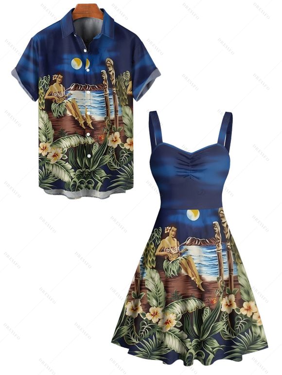 Vacation Couple Outfit Beach Landscape Floral Leaf Pattern Ruched Bust Dress and Button Up Shirt Beach Matching Outfit - Bleu profond S | US 4