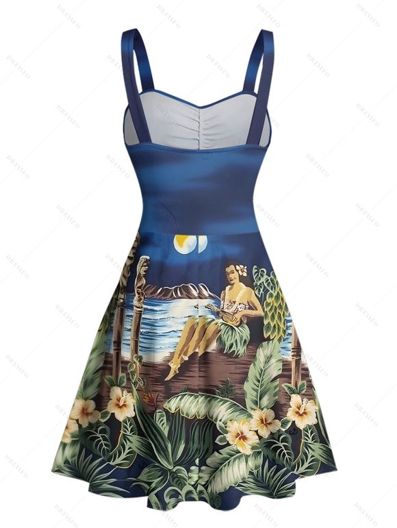 Vacation Couple Outfit Beach Landscape Floral Leaf Pattern Ruched Bust Dress and Button Up Shirt Beach Matching Outfit - Bleu profond S | US 4