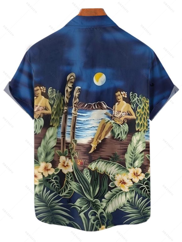 Vacation Couple Outfit Beach Landscape Floral Leaf Pattern Ruched Bust Dress and Button Up Shirt Beach Matching Outfit - Bleu profond S | US 4