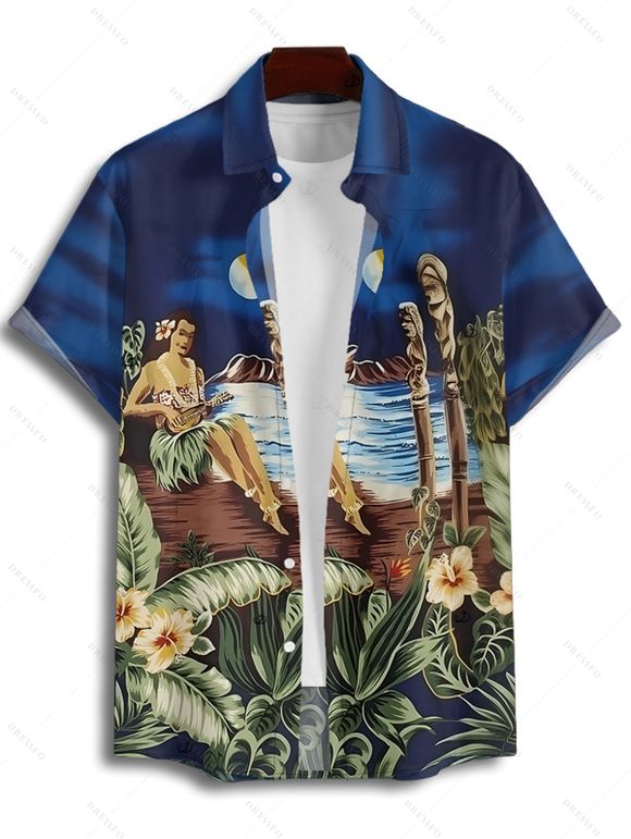 Vacation Couple Outfit Beach Landscape Floral Leaf Pattern Ruched Bust Dress and Button Up Shirt Beach Matching Outfit - Bleu profond S | US 4