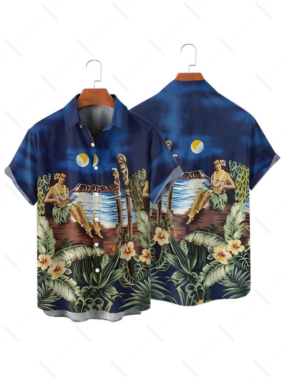 Vacation Couple Outfit Beach Landscape Floral Leaf Pattern Ruched Bust Dress and Button Up Shirt Beach Matching Outfit - Bleu profond S | US 4