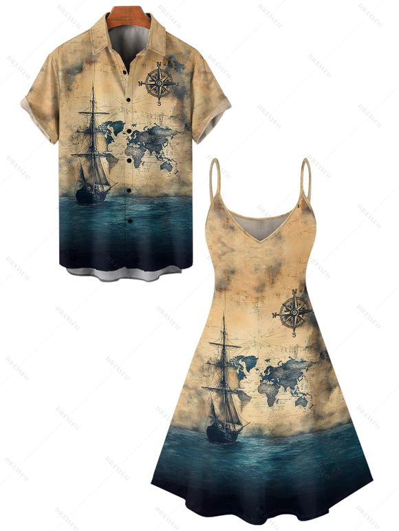 Vacation Couple Outfit Ocean Ship Anchor Bird Pattern Spaghetti Strap V Neck A Line Mini Tank Dress and Button Up Shirt Vintage Matching Outfit - café lumière S | US 4