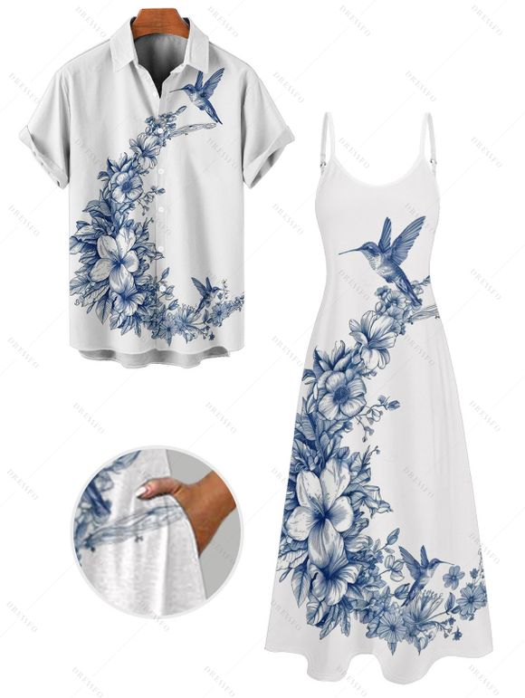 Vacation Couple Outfit Bird Floral Leaf Pattern Spaghetti Strap A Line Long Tank Dress and Button Up Shirt Casual Matching Outfit - Blanc S | US 4