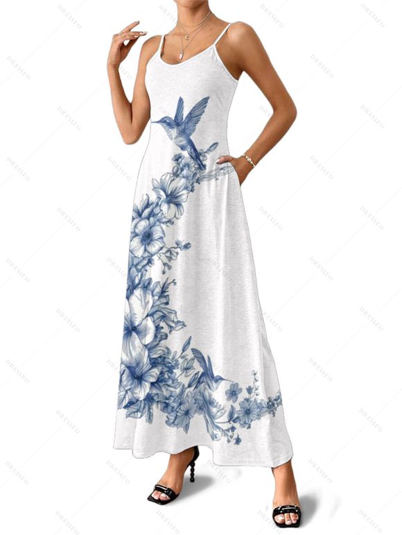 Vacation Couple Outfit Bird Floral Leaf Pattern Spaghetti Strap A Line Long Tank Dress and Button Up Shirt Casual Matching Outfit - Blanc S | US 4