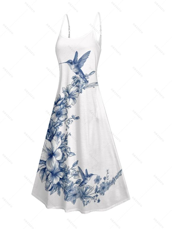 Vacation Couple Outfit Bird Floral Leaf Pattern Spaghetti Strap A Line Long Tank Dress and Button Up Shirt Casual Matching Outfit - Blanc S | US 4