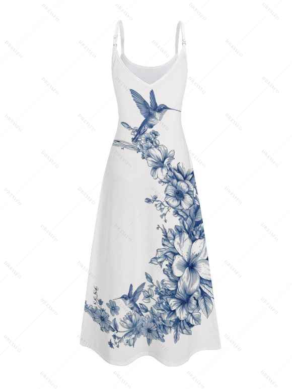 Vacation Couple Outfit Bird Floral Leaf Pattern Spaghetti Strap A Line Long Tank Dress and Button Up Shirt Casual Matching Outfit - Blanc S | US 4