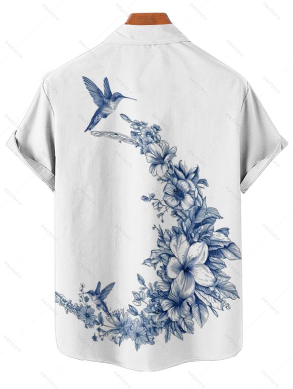 Vacation Couple Outfit Bird Floral Leaf Pattern Spaghetti Strap A Line Long Tank Dress and Button Up Shirt Casual Matching Outfit - Blanc S | US 4