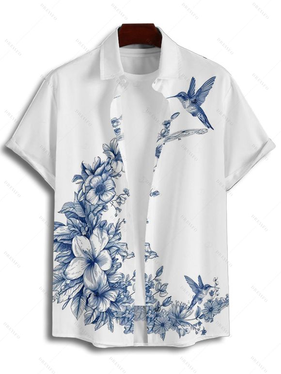 Vacation Couple Outfit Bird Floral Leaf Pattern Spaghetti Strap A Line Long Tank Dress and Button Up Shirt Casual Matching Outfit - Blanc S | US 4