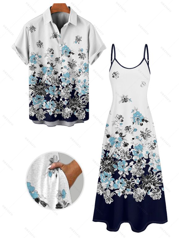 Vacation Couple Outfit Ombre Floral Leaf Pattern Pocket Spaghetti Strap A Line Long Tank Dress and Button Up Shirt Casual Matching Outfit - Bleu de Minuit S | US 4