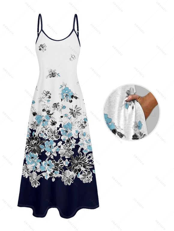 Vacation Couple Outfit Ombre Floral Leaf Pattern Pocket Spaghetti Strap A Line Long Tank Dress and Button Up Shirt Casual Matching Outfit - Bleu de Minuit S | US 4