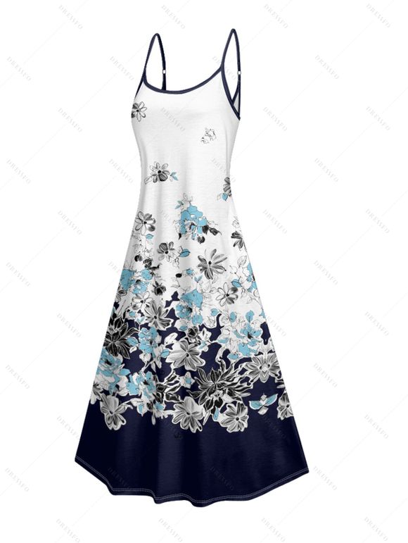 Vacation Couple Outfit Ombre Floral Leaf Pattern Pocket Spaghetti Strap A Line Long Tank Dress and Button Up Shirt Casual Matching Outfit - Bleu de Minuit S | US 4