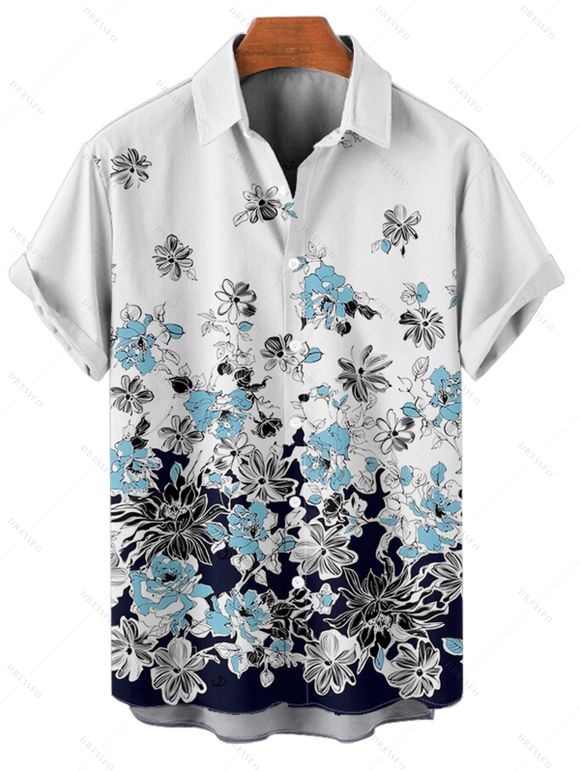 Vacation Couple Outfit Ombre Floral Leaf Pattern Pocket Spaghetti Strap A Line Long Tank Dress and Button Up Shirt Casual Matching Outfit - Bleu de Minuit S | US 4
