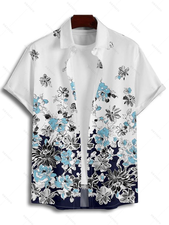 Vacation Couple Outfit Ombre Floral Leaf Pattern Pocket Spaghetti Strap A Line Long Tank Dress and Button Up Shirt Casual Matching Outfit - Bleu de Minuit S | US 4