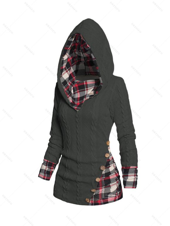 Pull à capuche à carreaux en tricot torsadé pour femme, col châle froncé à boutons factices - Gris XXL