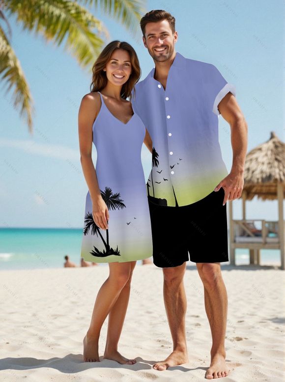 Ombre Palm Tree Print Hawaii Vacation Spaghetti Strap V Neck A Pendulum Mini Dress And Short Sleeve Shirt Matching Outfit - Bleu Ciel S | US 4