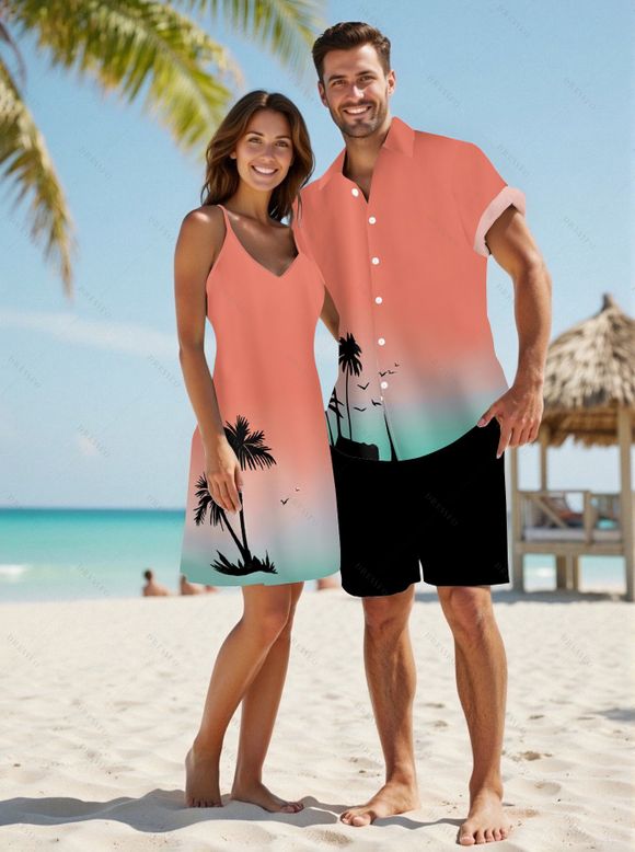 Ombre Palm Tree Print Hawaii Vacation Spaghetti Strap V Neck A Pendulum Mini Dress And Short Sleeve Shirt Matching Outfit - Orange S | US 4
