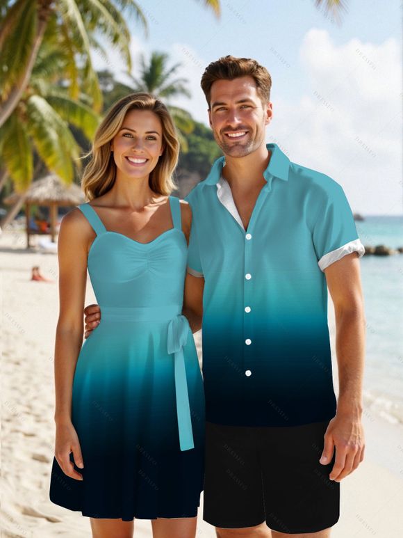 Casual Couple Outfit Ombre Ruched Bust Belt Sweetheart Neck A Line Mini Dress and Roll Up Sleeve Shirt Matching Outfit - Vert S | US 4