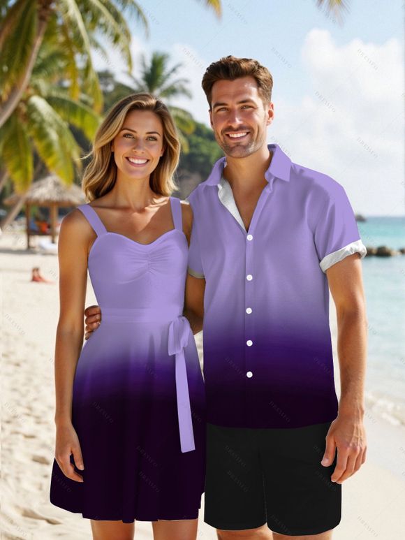 Casual Couple Outfit Ombre Ruched Bust Belt Sweetheart Neck A Line Mini Dress and Roll Up Sleeve Shirt Matching Outfit - Pourpre S | US 4