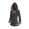 Pull à capuche à carreaux en tricot torsadé pour femme, col châle froncé à boutons factices - Gris XXL