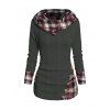 Pull à capuche à carreaux en tricot torsadé pour femme, col châle froncé à boutons factices - Gris XXL