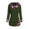 Pull à capuche à carreaux en tricot torsadé pour femme, col châle froncé à boutons factices - Vert profond L