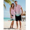 Ombre Palm Tree Print Hawaii Vacation Spaghetti Strap V Neck A Pendulum Mini Dress And Short Sleeve Shirt Matching Outfit - Rose clair S | US 4