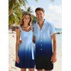 Casual Couple Outfit Ombre Ruched Bust Belt Sweetheart Neck A Line Mini Dress and Roll Up Sleeve Shirt Matching Outfit - Bleu S | US 4